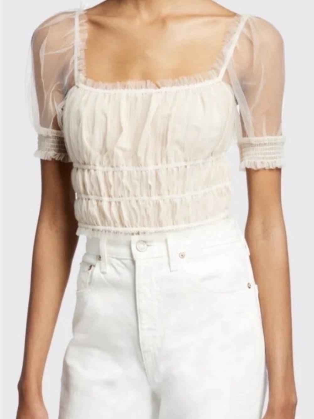 Alice + Olivia Sheer Puff Sleeve Ruched Crop Top - White